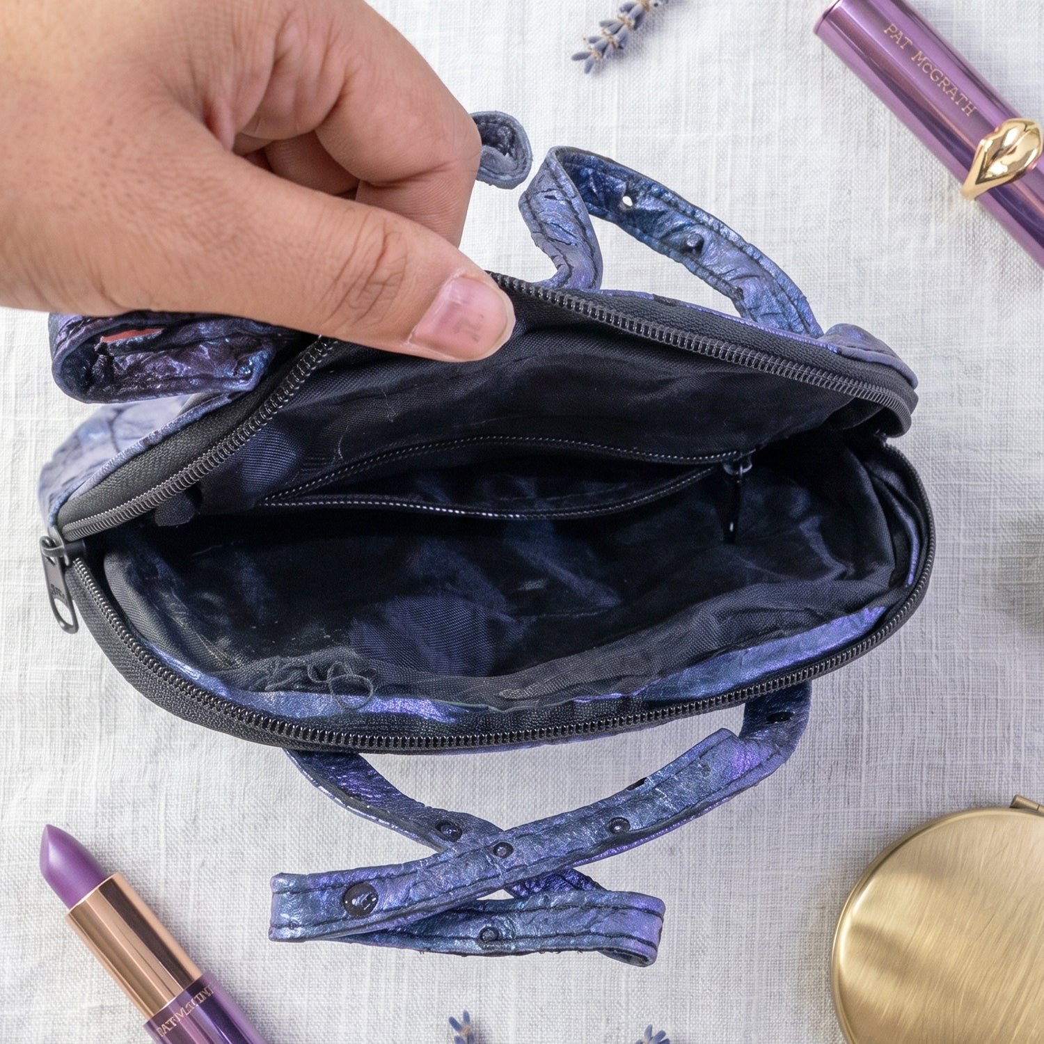 Mini Zipper Handbag – Metallic Blue Ostrich Pattern for Women - Image 3