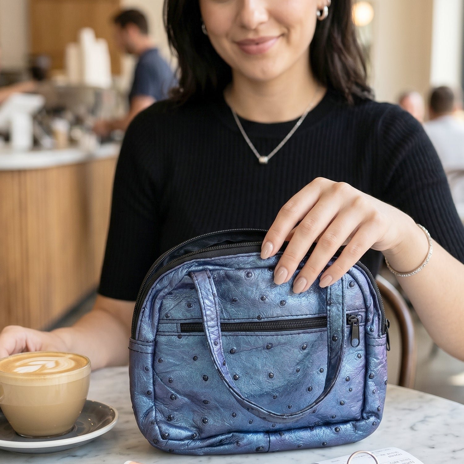 Mini Zipper Handbag – Metallic Blue Ostrich Pattern for Women - Image 4