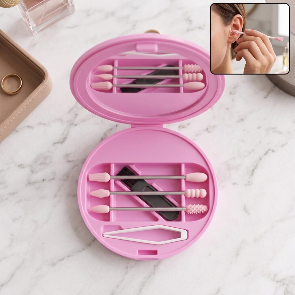 Reusable Silicone Cotton Swab Set with Mirror Case Washable Ear Buds (1 Set)