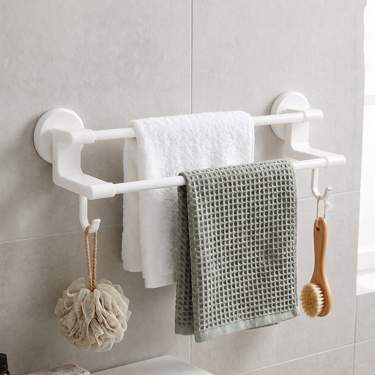 Wall Mounted Double Bar Towel Holder Rack with Side Hooks (1 Pc) - Image 3