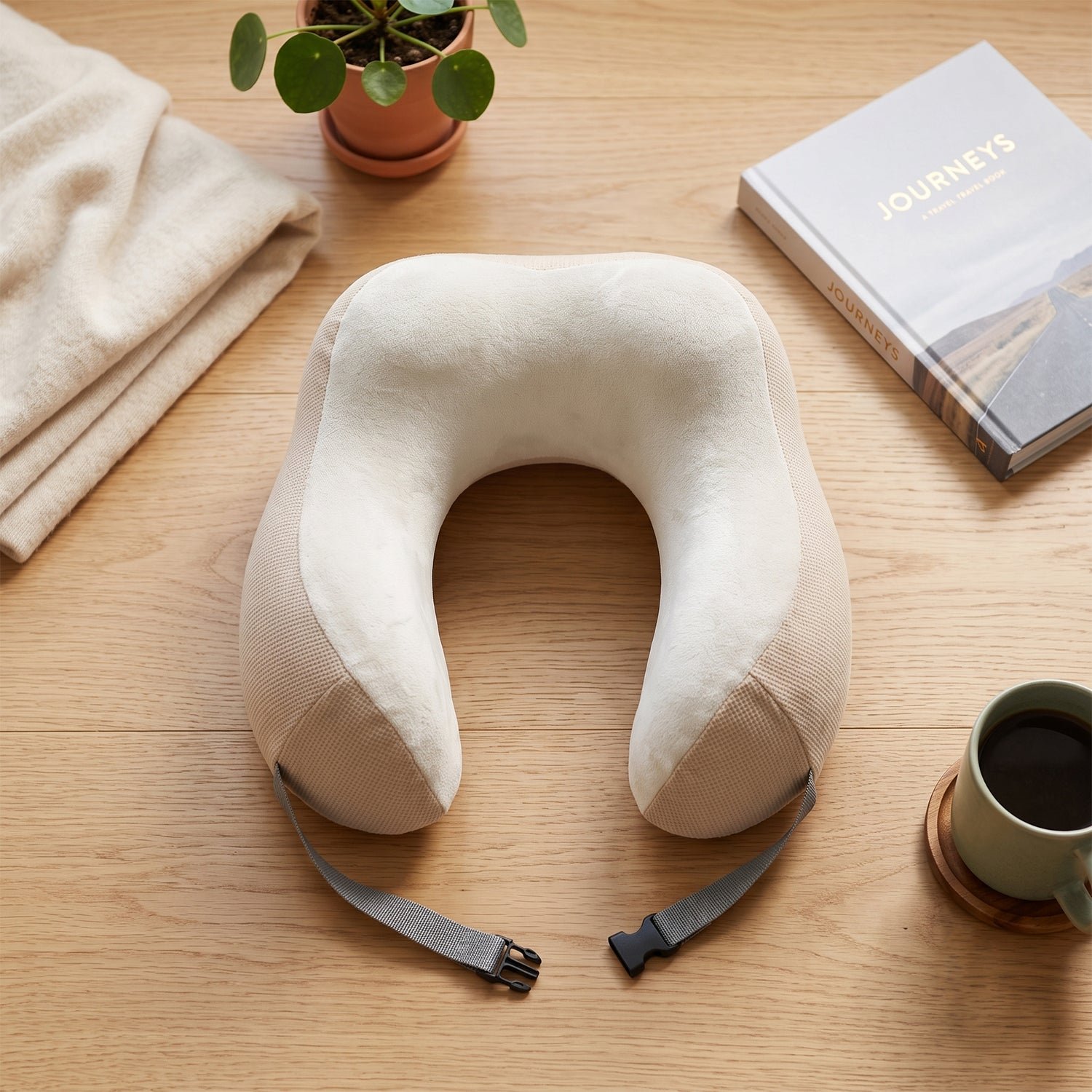 U Shaped Memory Foam Travel Neck Pillow Beige with Buckle Strap (1 Pc) - Image 3
