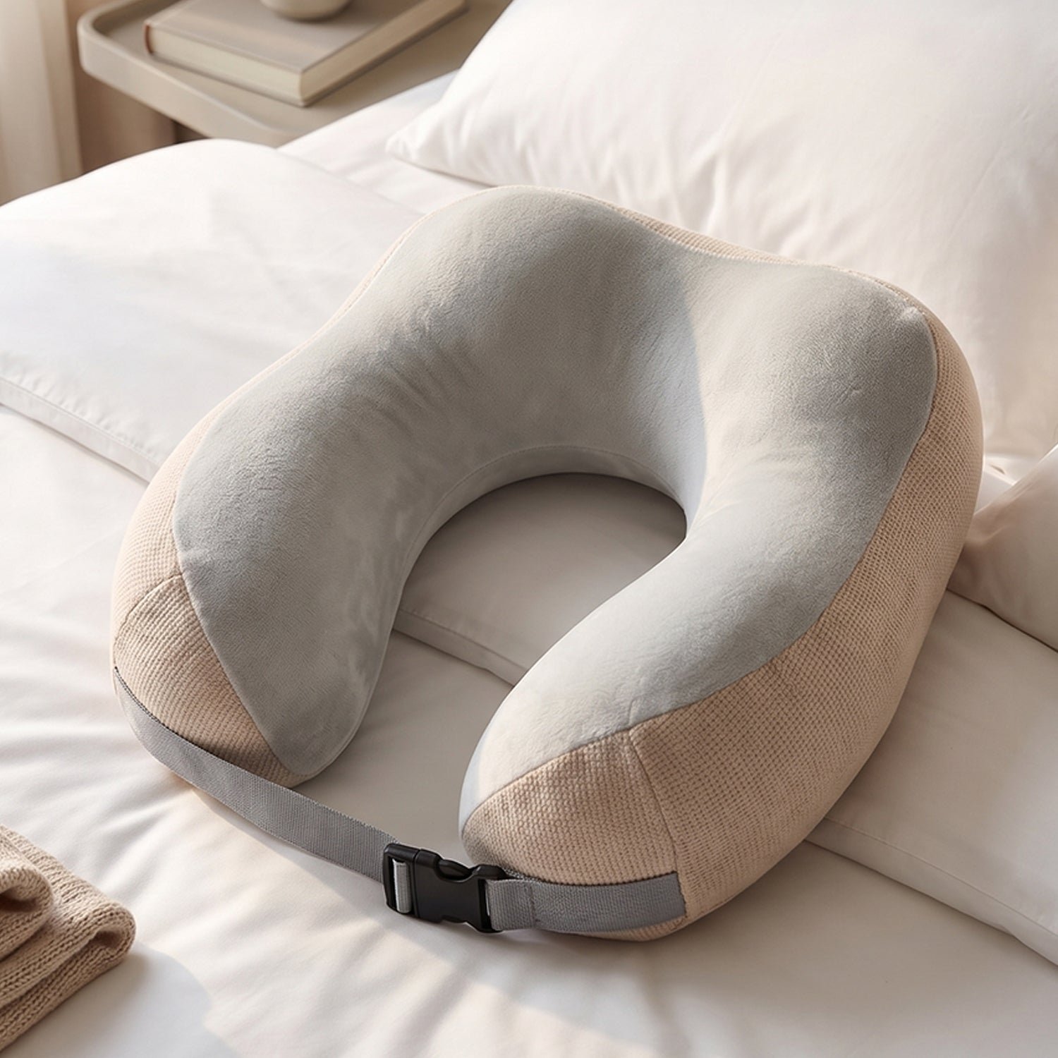 U Shaped Memory Foam Travel Neck Pillow Beige with Buckle Strap (1 Pc) - Image 4