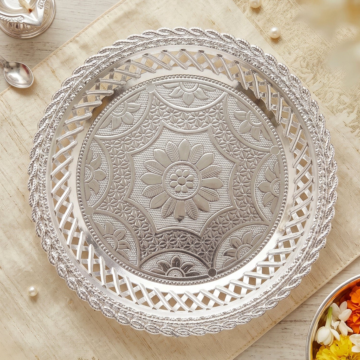 Decorative Silver Serving Tray – Elegant Round Floral Design - Image 3