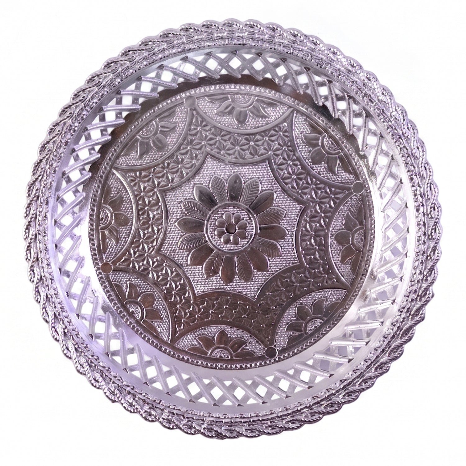 Decorative Silver Serving Tray – Elegant Round Floral Design - Image 5