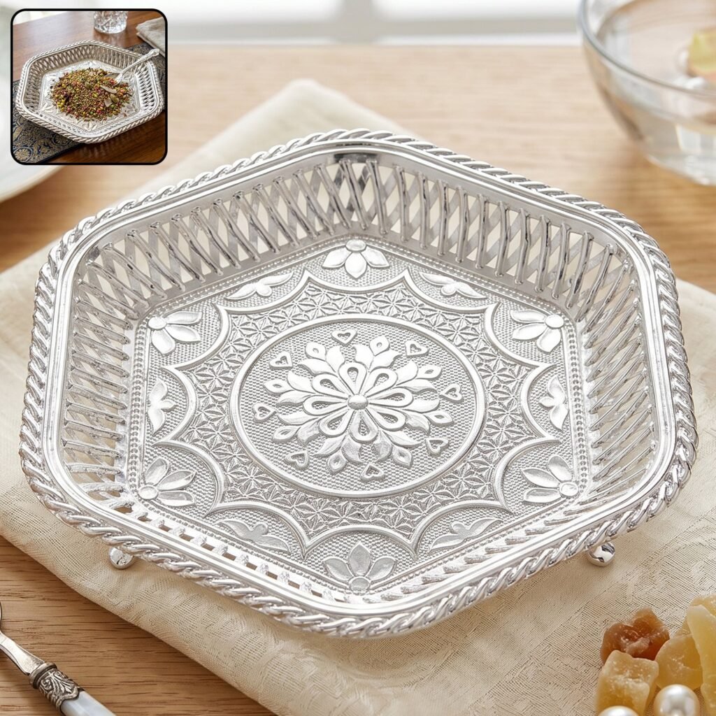 Decorative Silver Serving Tray – Traditional Embossed Floral Design