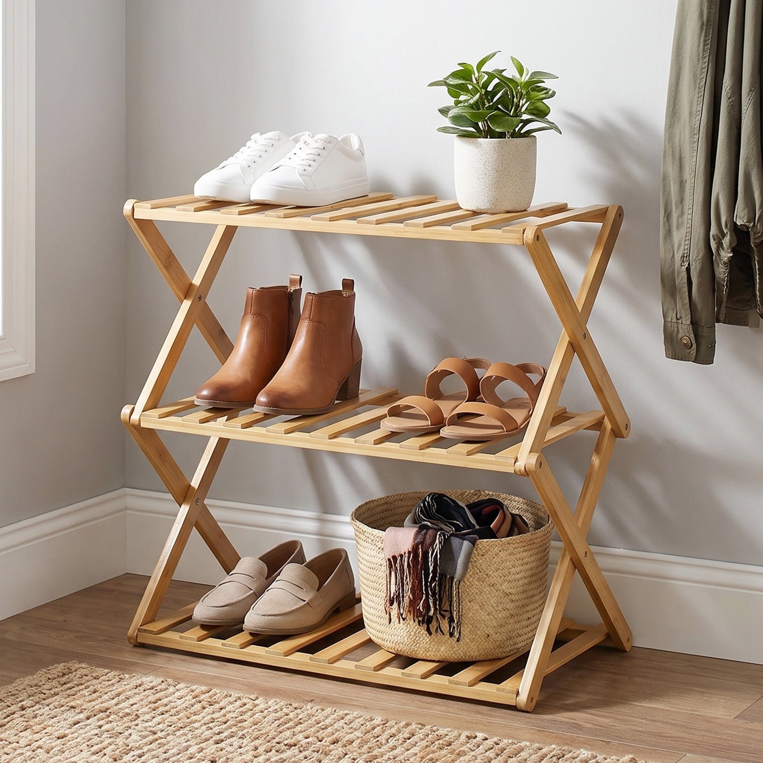 3 Layer Foldable Bamboo Shoe Rack Multi-Purpose Storage Shelf (1 Set) - Image 4
