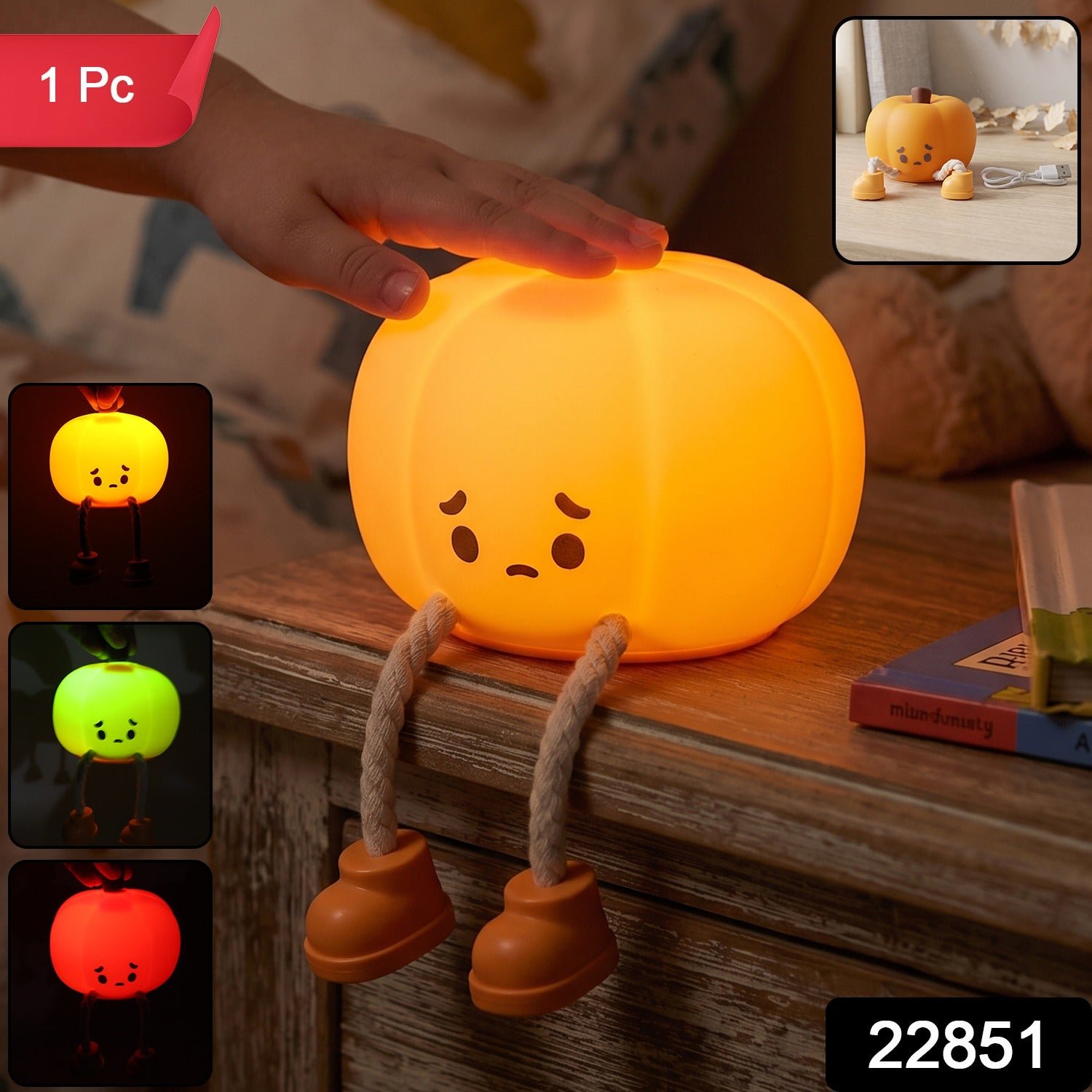 Silicone Pumpkin Night Light USB Rechargeable Soft Touch Lamp (1 Pc) - Image 2