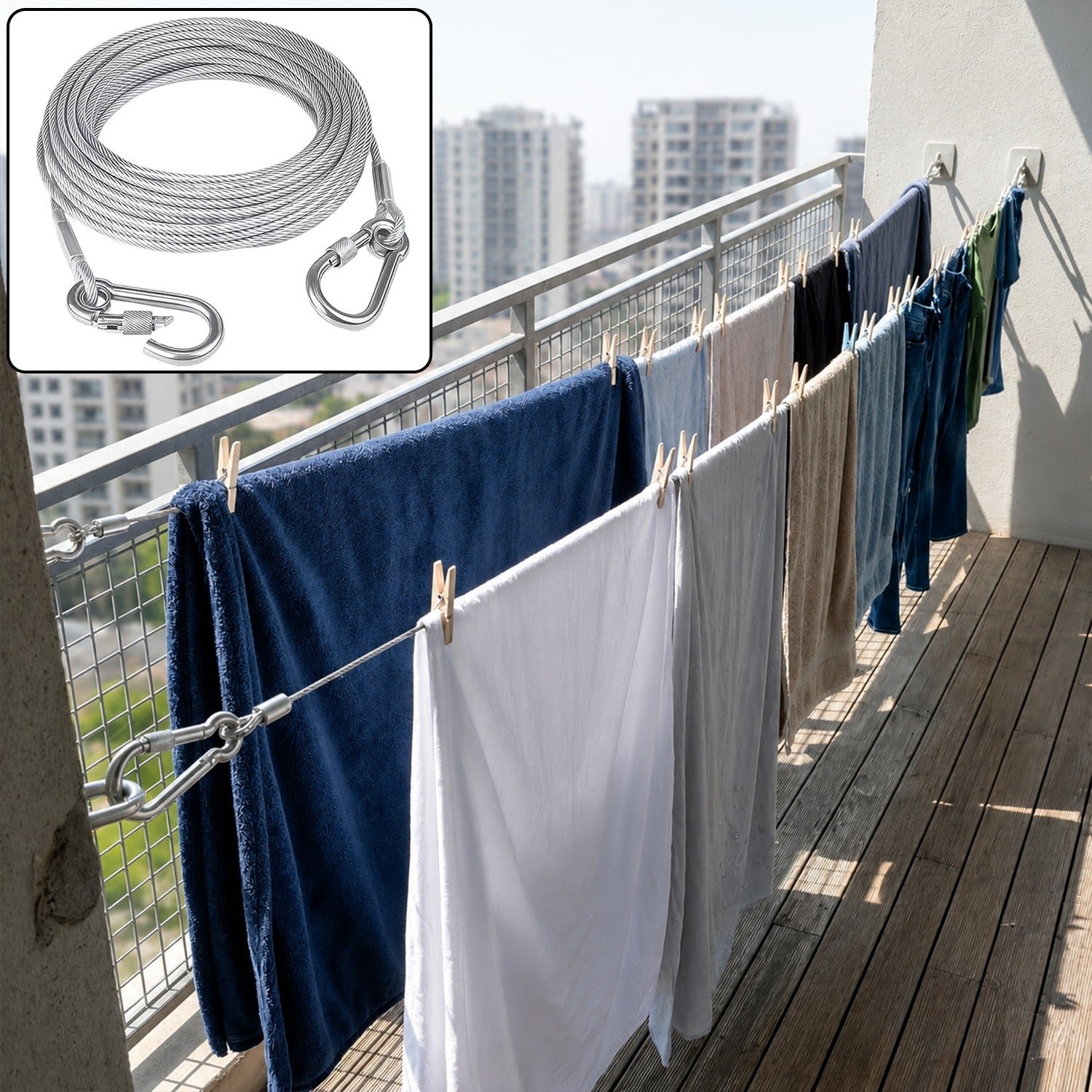 Heavy Duty Steel Clothesline – 5 Meter Wire Rope with Carabiner Hooks