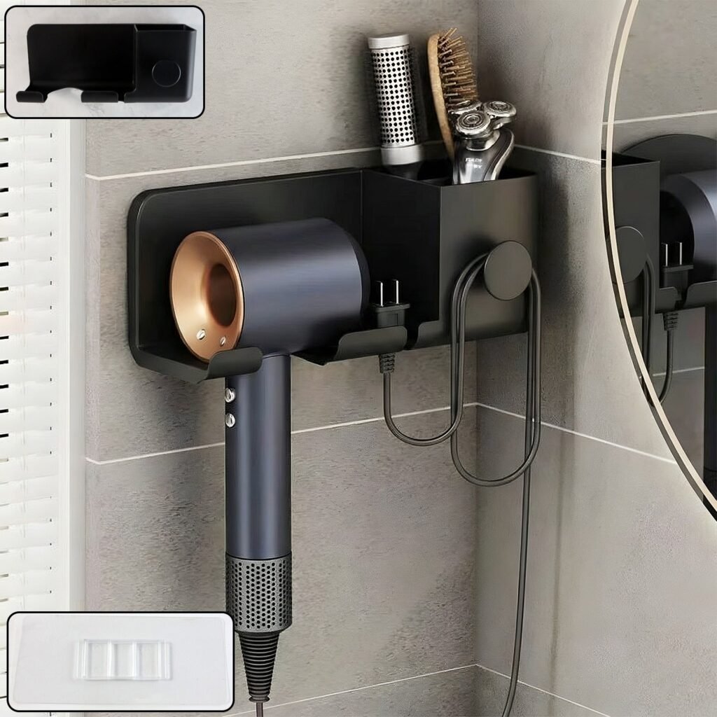 Wall Mounted Hair Dryer Holder – Space-Saving Organizer Shelf & Hook