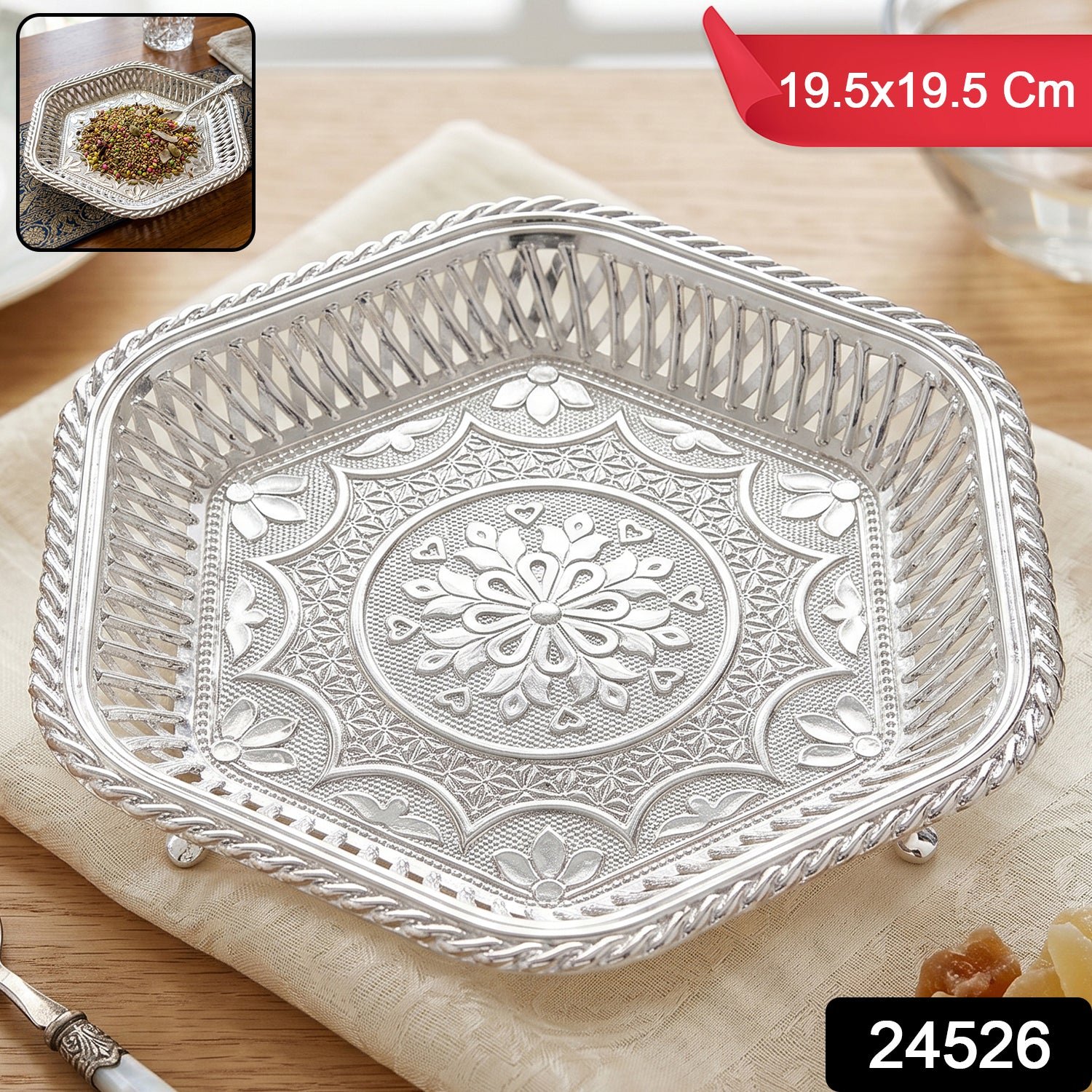 Decorative Silver Serving Tray – Traditional Embossed Floral Design - Image 2