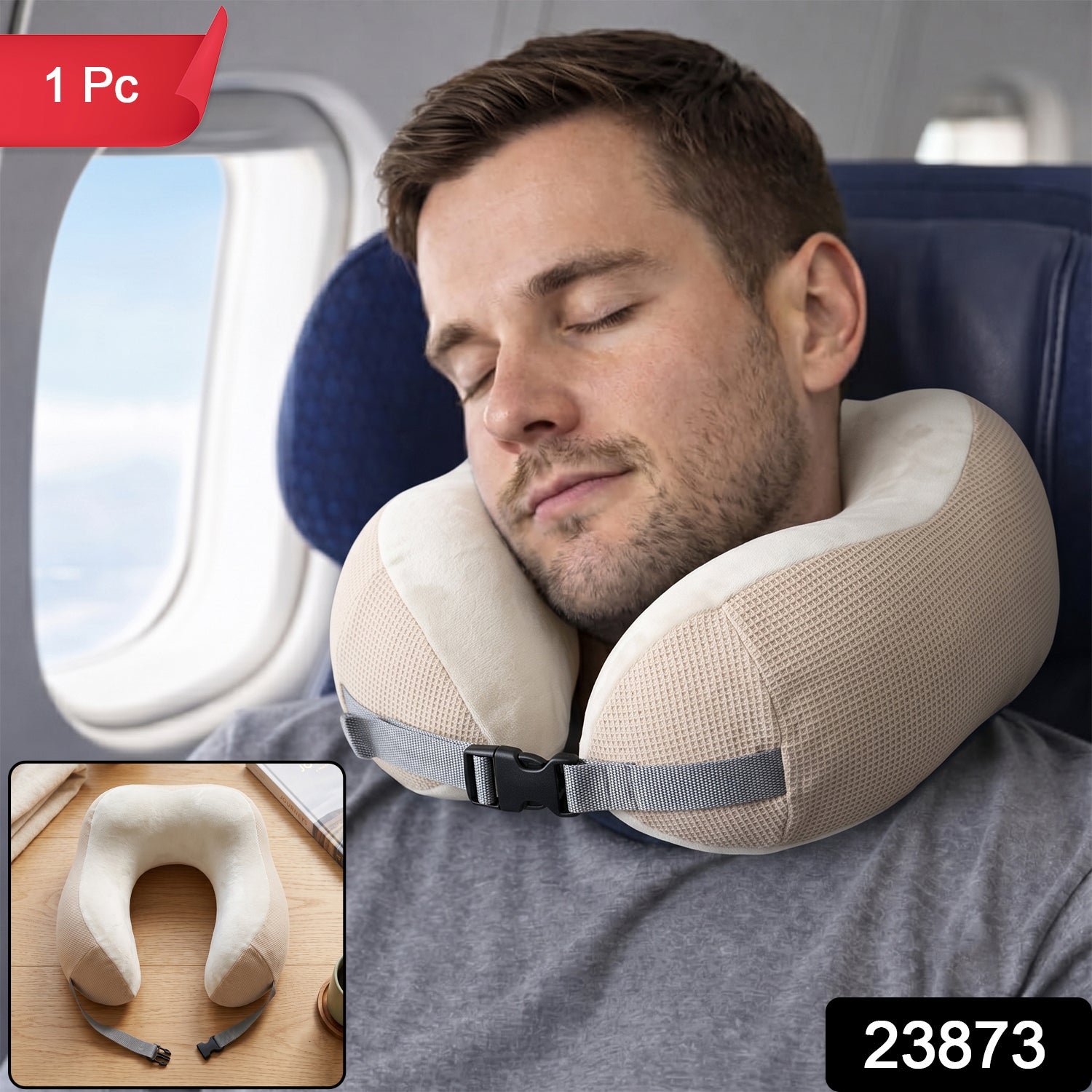 U Shaped Memory Foam Travel Neck Pillow Beige with Buckle Strap (1 Pc) - Image 2