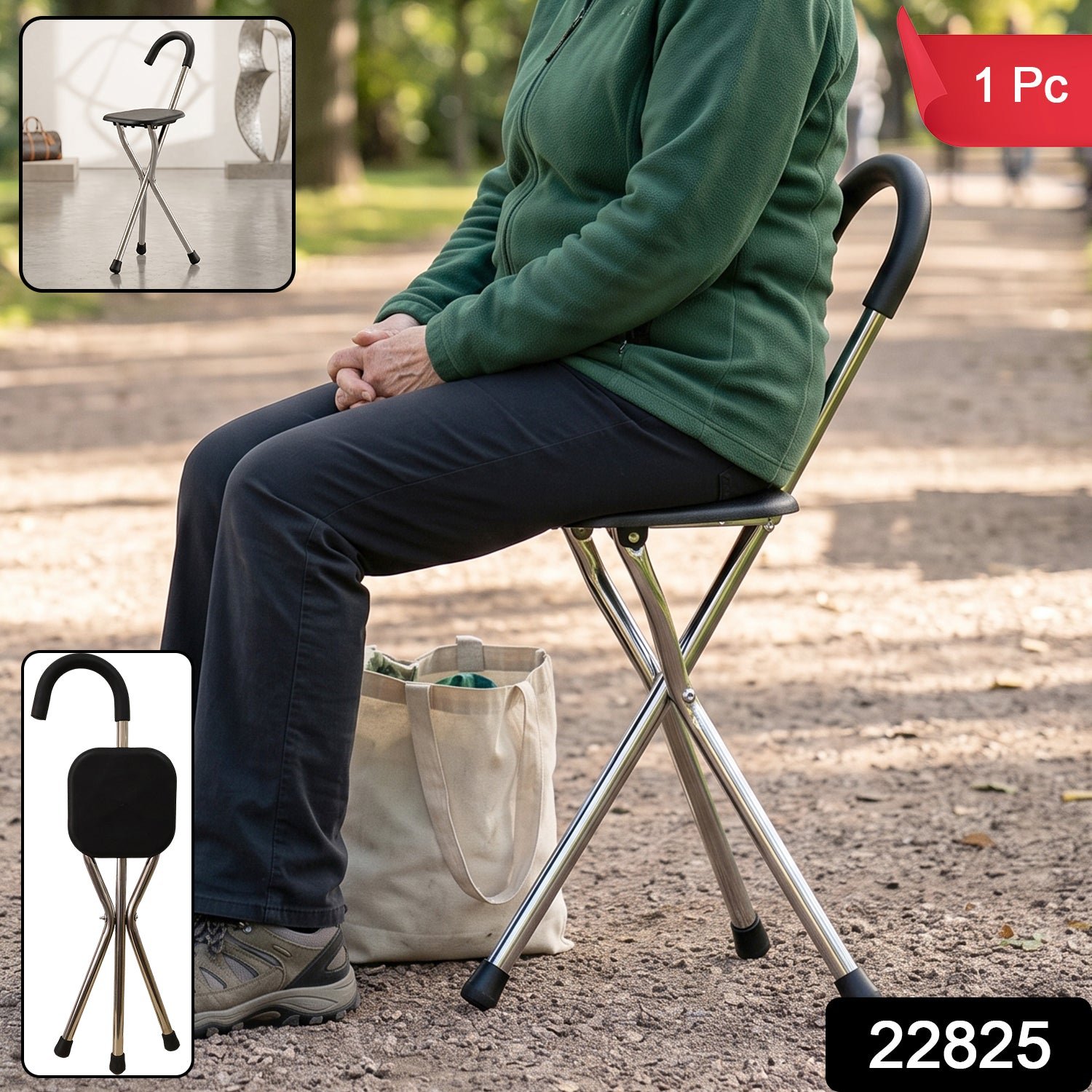 Folding Walking Stick with Seat 3 Leg Cane Stool Chair Support Stand (1 Pc) - Image 2
