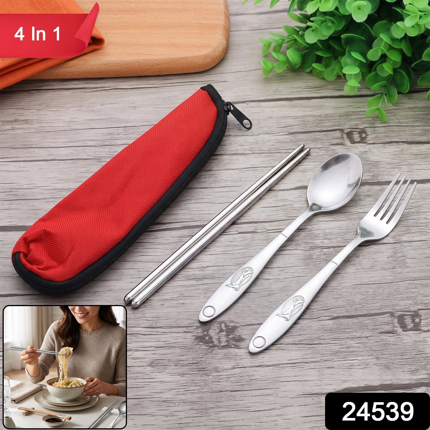 Portable Stainless Steel Cutlery Set Spoon Fork Chopsticks with Pouch (4 Pc Set) - Image 2