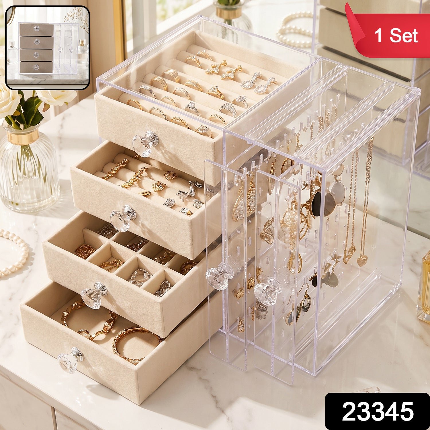 Acrylic Jewelry Organizer Box, Multi-Drawer Velvet Storage for Rings (1 Set) - Image 2