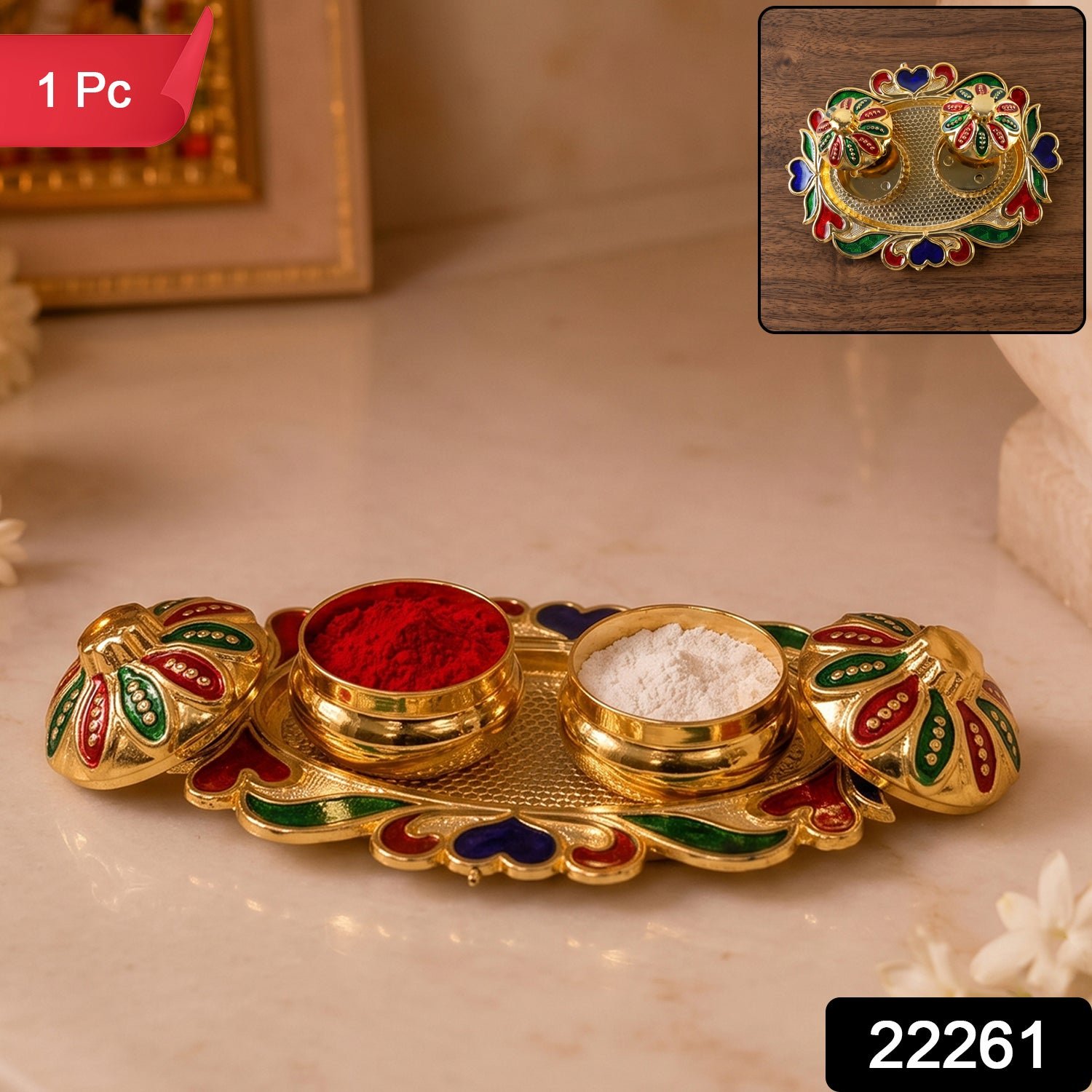 Decorative Kankavati Kumkum Holder, Golden Enamel Pooja Thali with Bowls (1 Pc) - Image 2