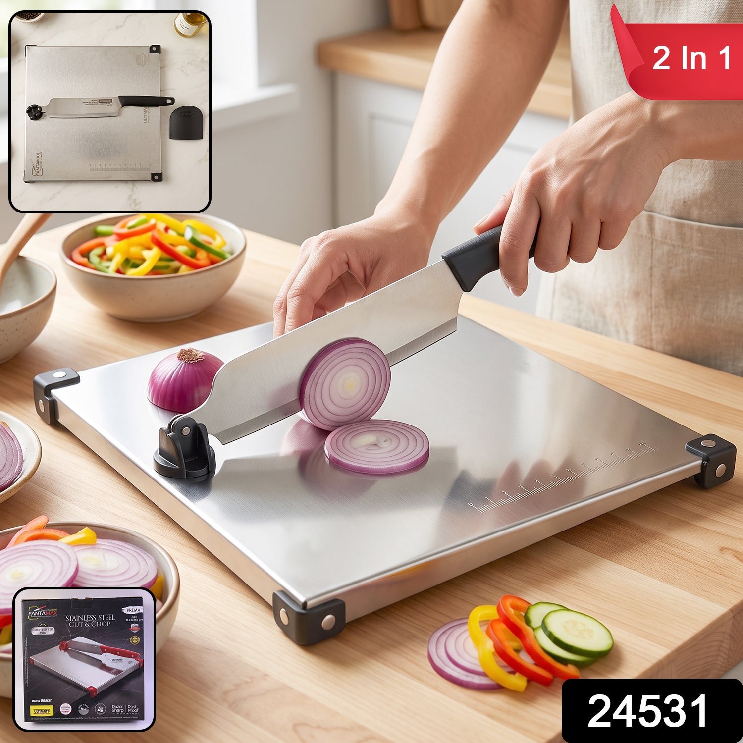 Stainless Steel 2 in 1 Cut and Chop Board with Knife and Sharpener... - Image 2