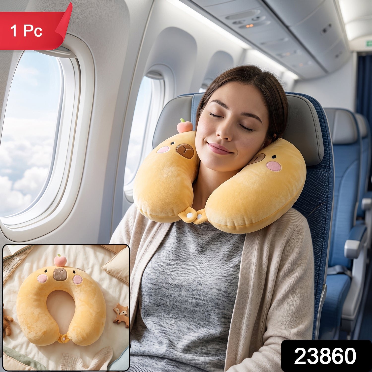 U-Shaped Travel Neck Pillow, Cute Capybara Soft Plush Pillow for Kids (1 Pc) - Image 2