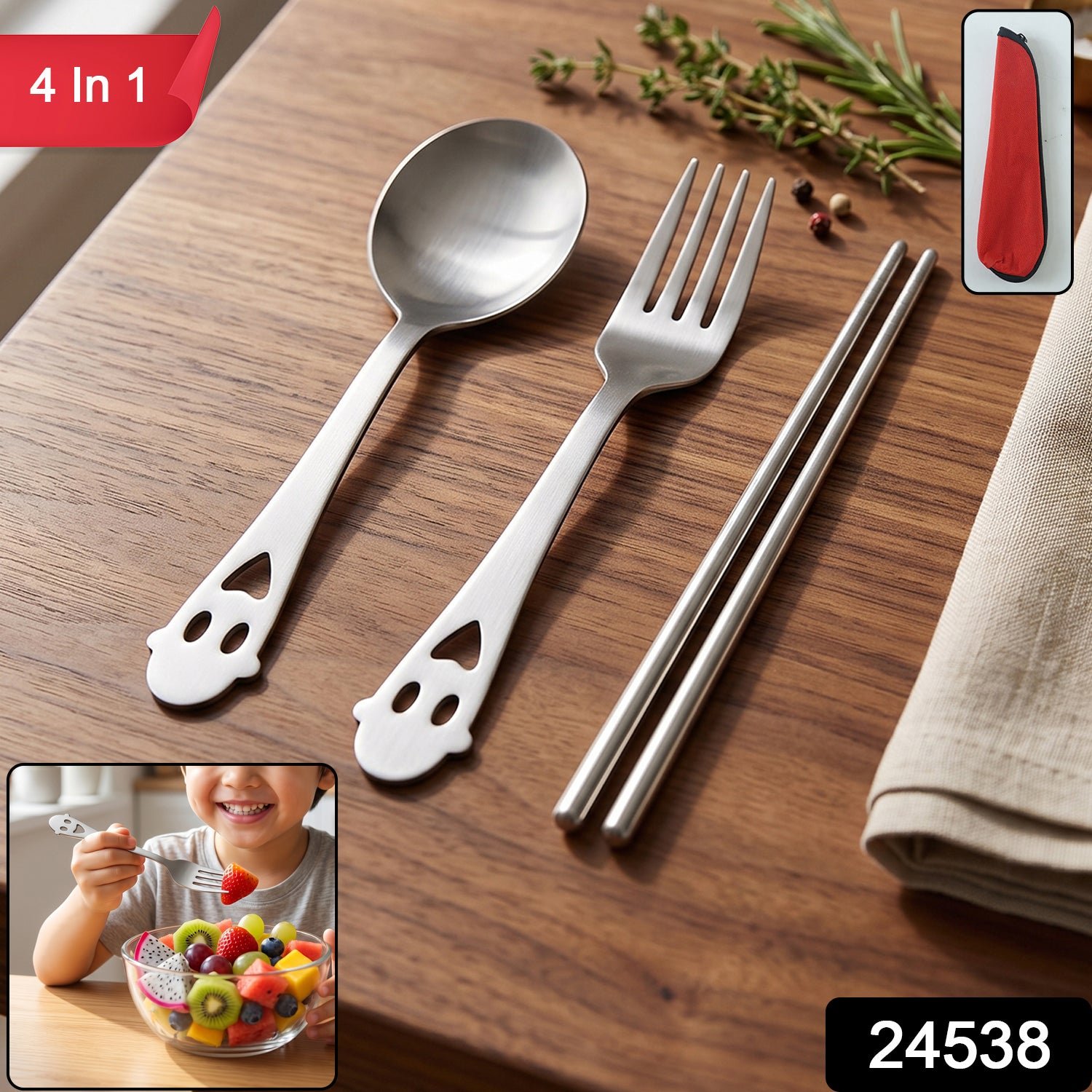 Stainless Steel Portable Cutlery Set Spoon Fork Chopsticks with Pouch (4 Pc Set) - Image 2