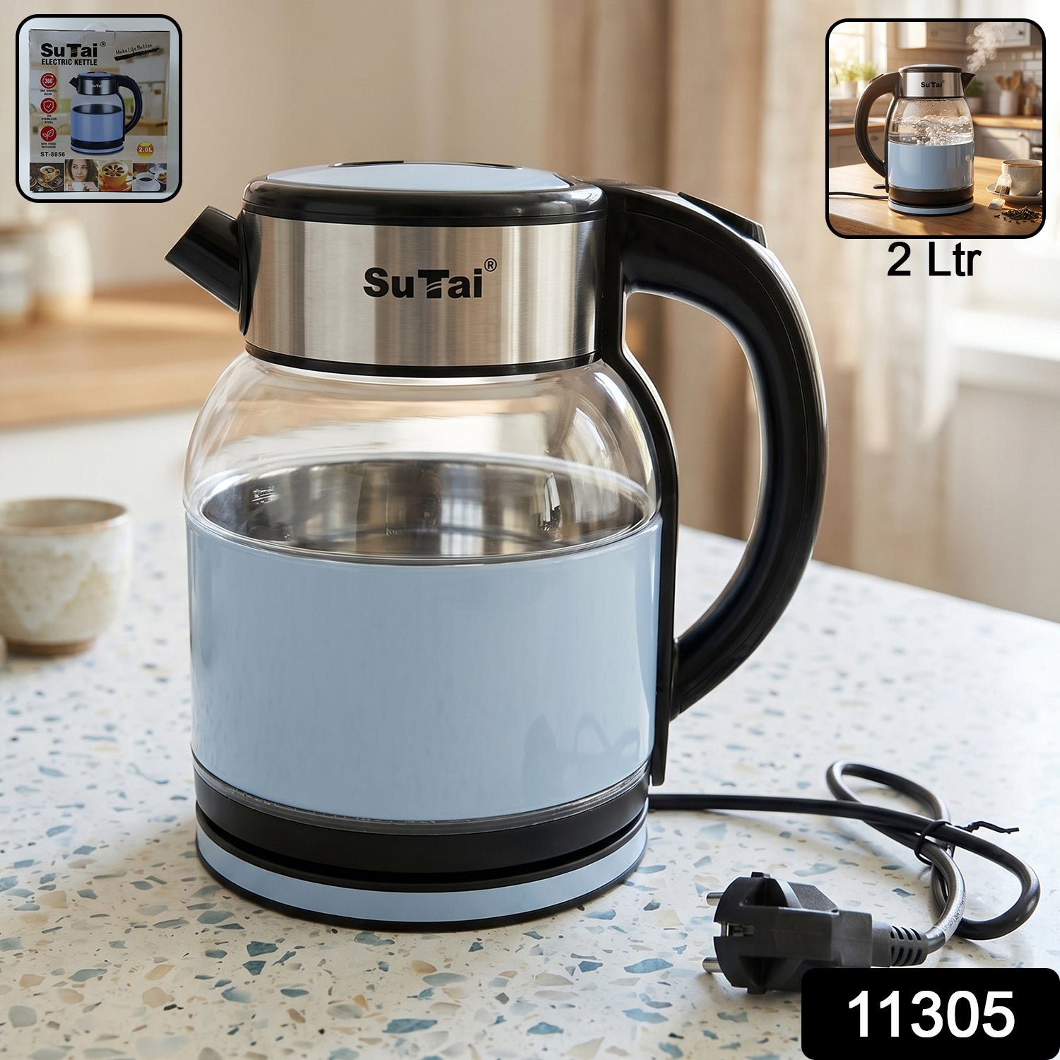 Suta Electric Glass Kettle 2 Litre Stainless Steel Hot Water Boiler for Tea (1 Pc) - Image 2