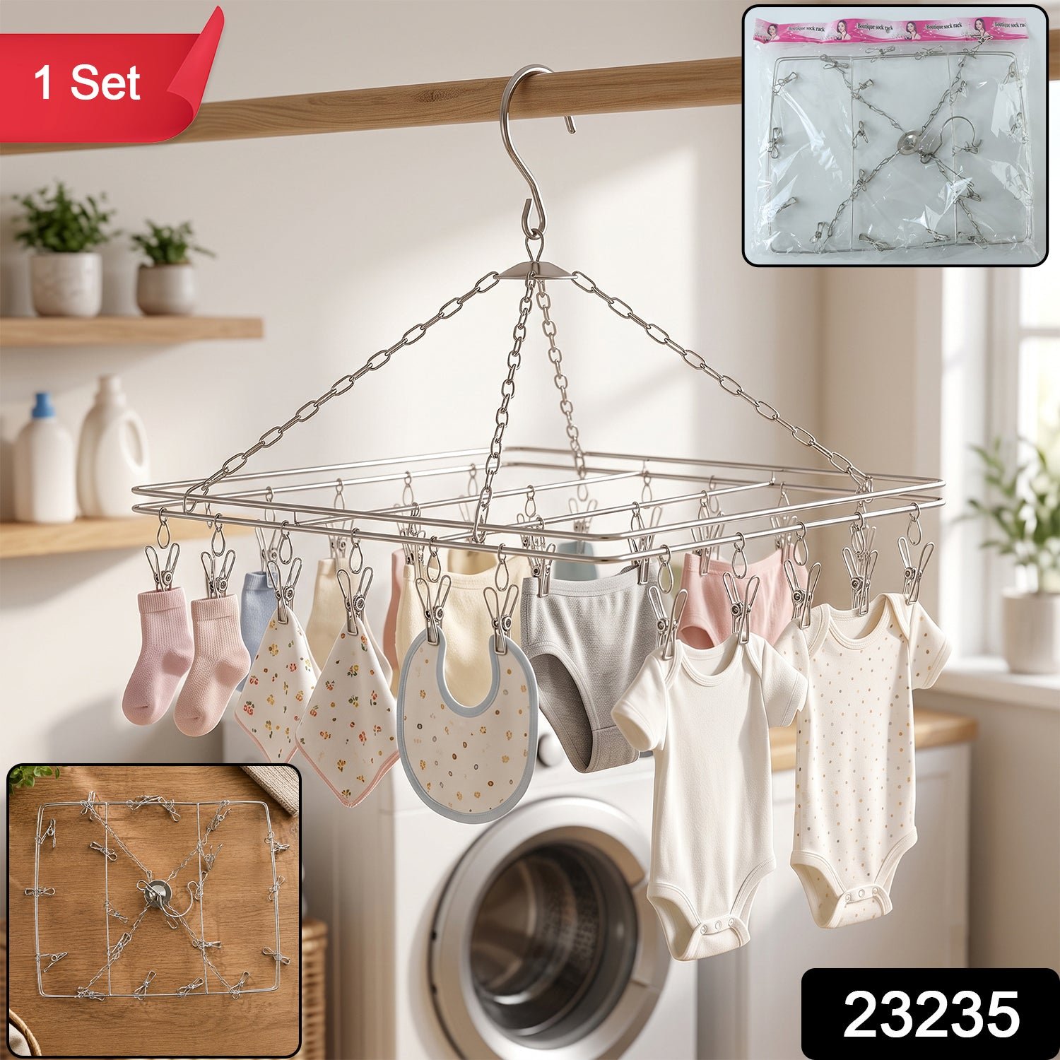 Stainless Steel Square Multi Clip Drying Hanger for Socks, Baby Clothes (1 Set) - Image 2