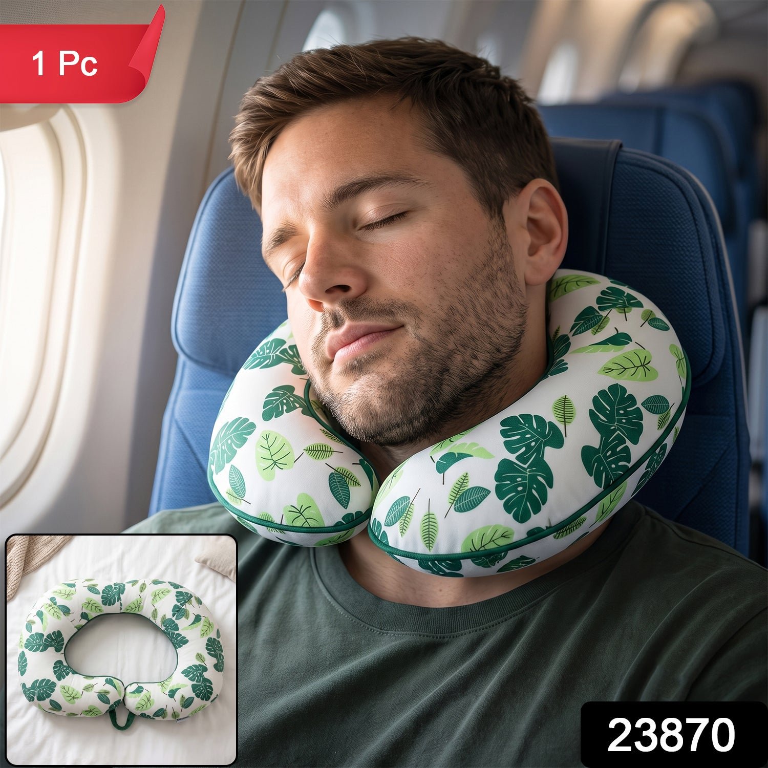 U Shaped Neck Pillow Green Leaf Print Travel Pillow Soft Head Support (1 Pc) - Image 2