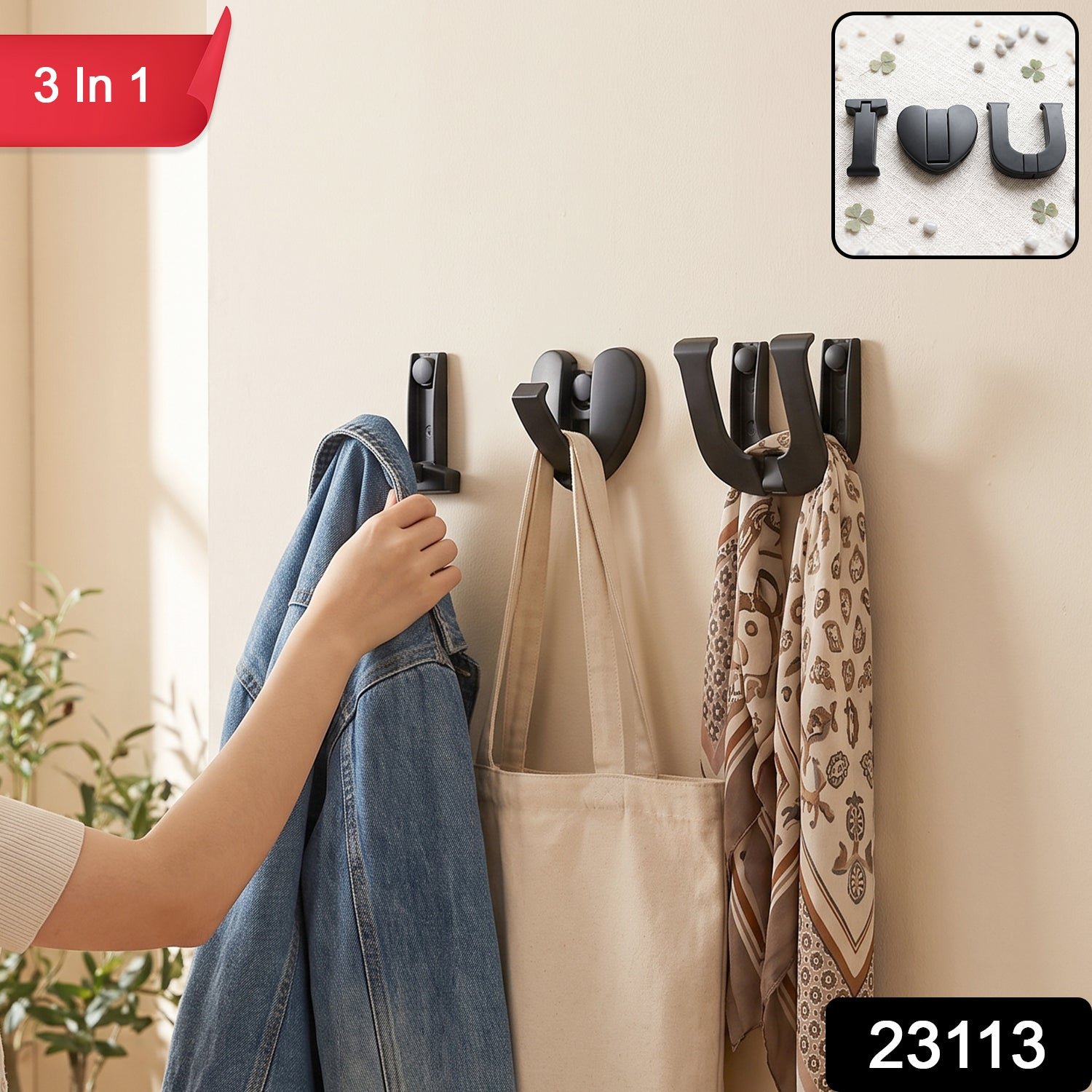 Premium Heavy Duty Wall Hook 3 In 1 Self Adhesive for Clothes Bags (3 Pc) - Image 2