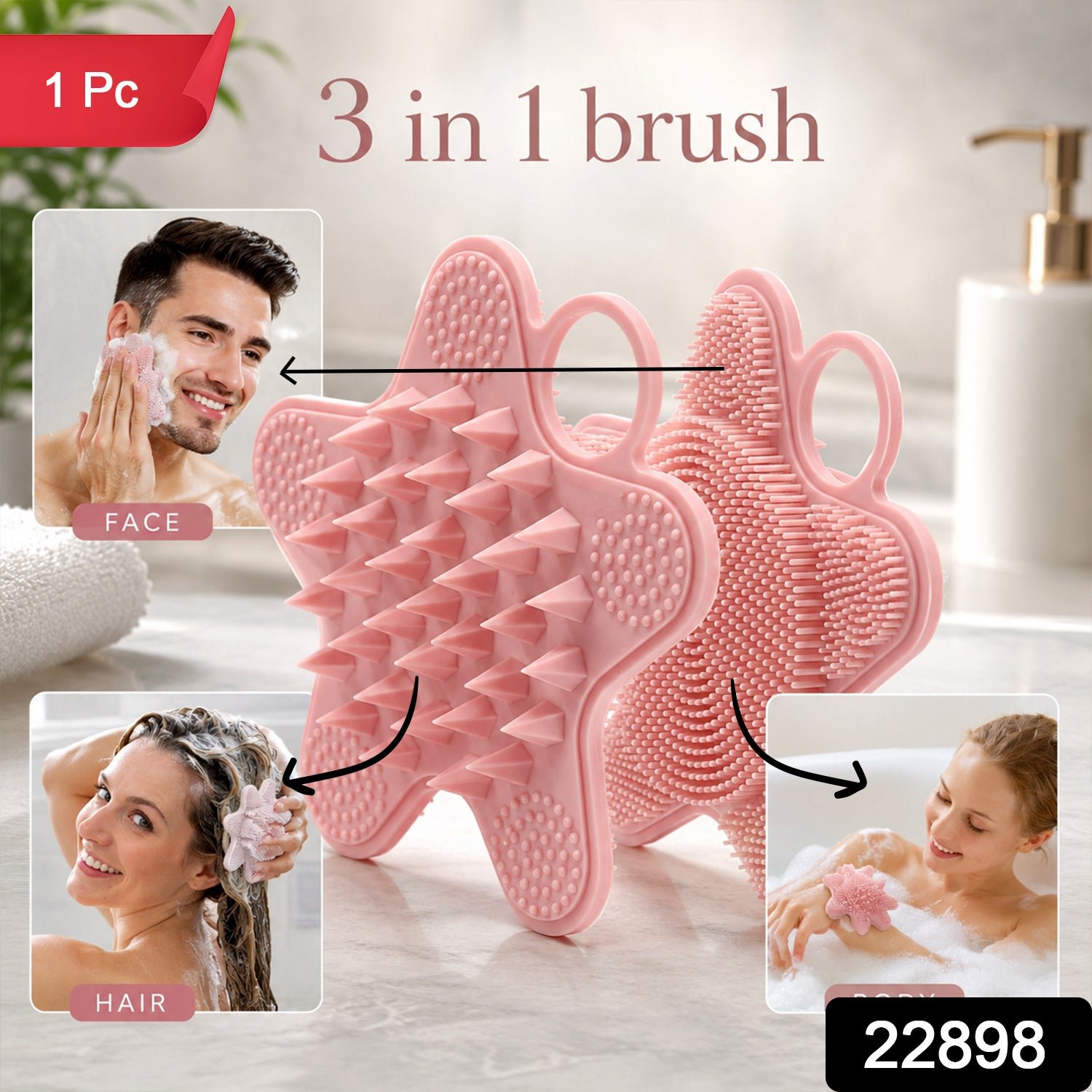3 In 1 Silicone Shampoo Scalp Massager Brush Face Hair Body Cleanser (1 Pc) - Image 2