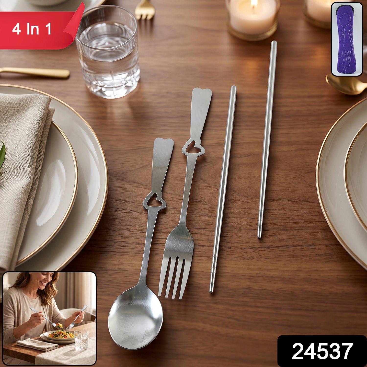 Portable Stainless Steel Cutlery Set with Spoon Fork Chopsticks Pouch (4 Pc Set) - Image 2