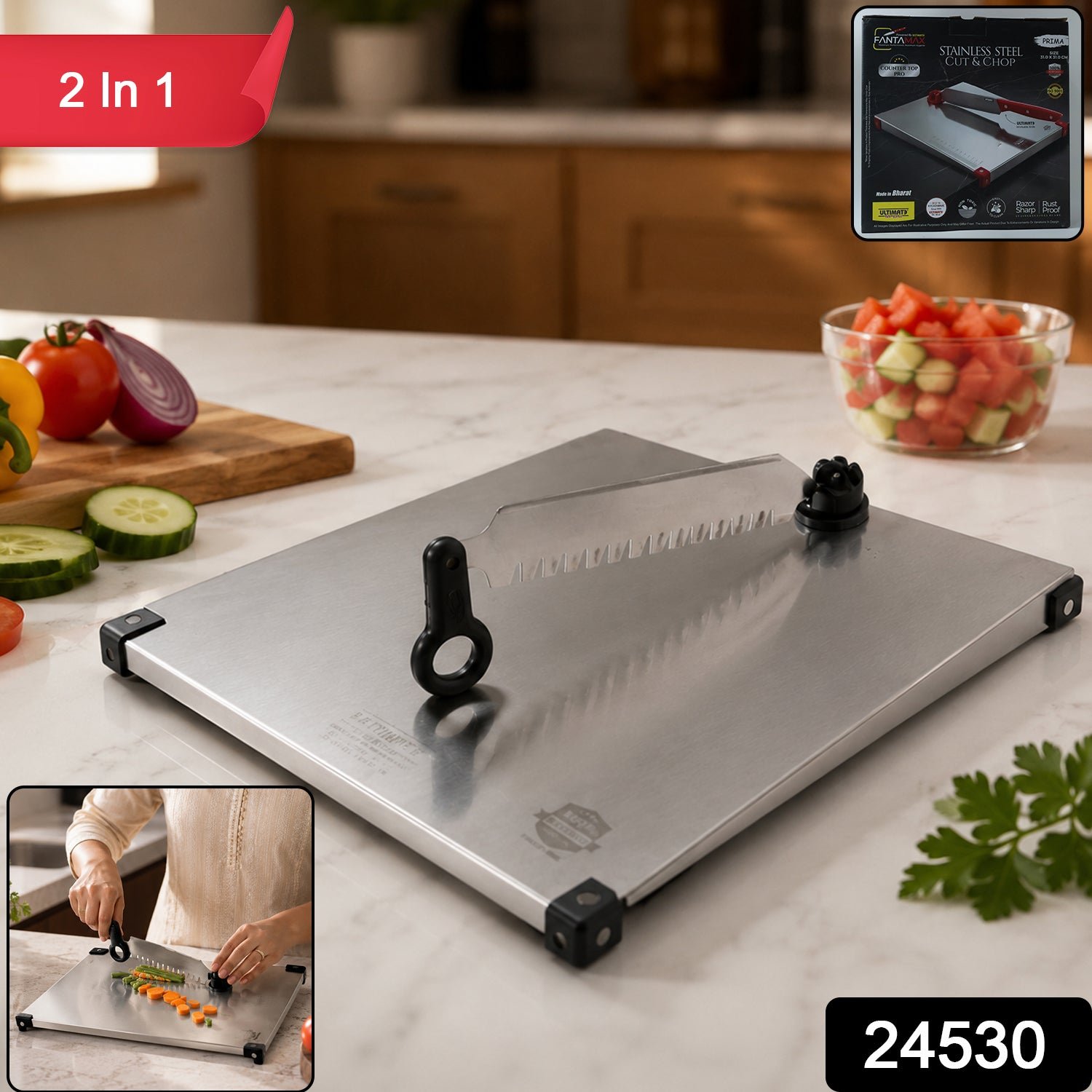Stainless Steel 2 in 1 Cutting and Chopping Board with Knife for Ki... - Image 2