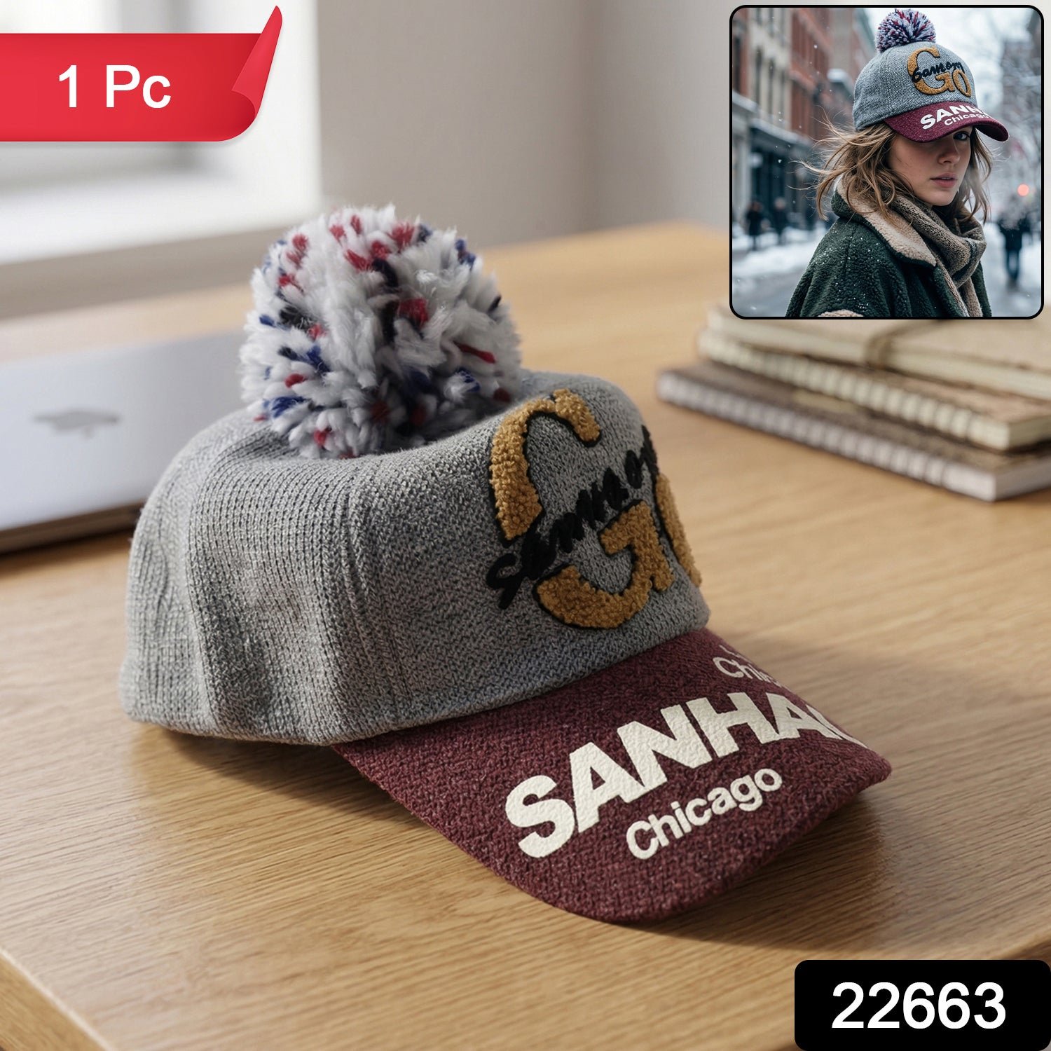 Women's Winter Woolen Baseball Cap – Cozy Pom Pom & Sun Protection - Image 2