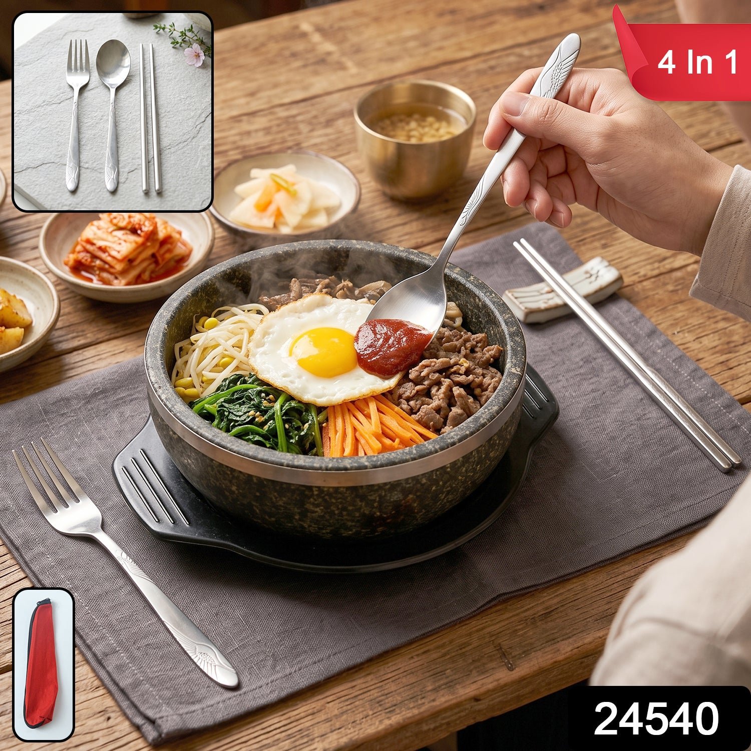 Portable Stainless Steel Cutlery Set Fork Spoon Chopsticks Pouch (4 Pc Set) - Image 2