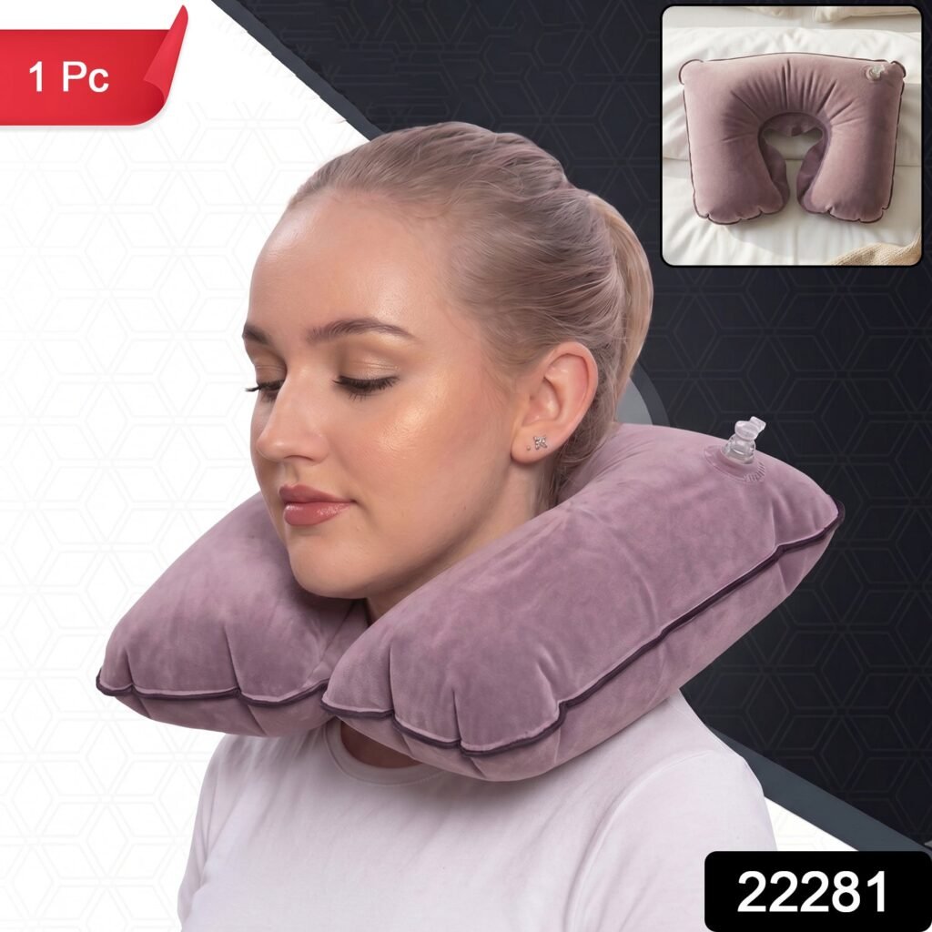 Inflatable U Shape Velvet Travel Neck Pillow for Flight Rest (1 Pc)