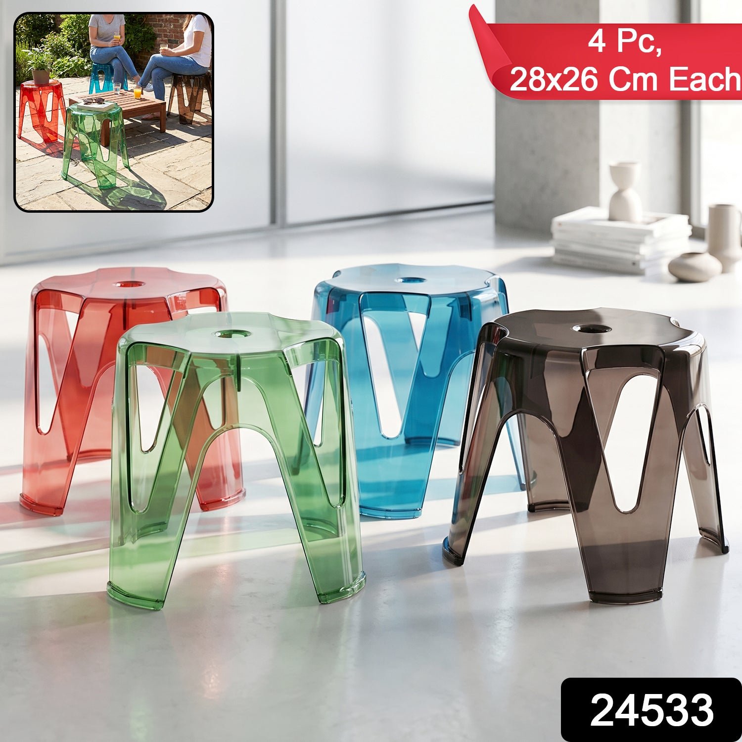 Transparent Plastic Stool Set – Indoor Outdoor Stackable 4 Pc - Image 2