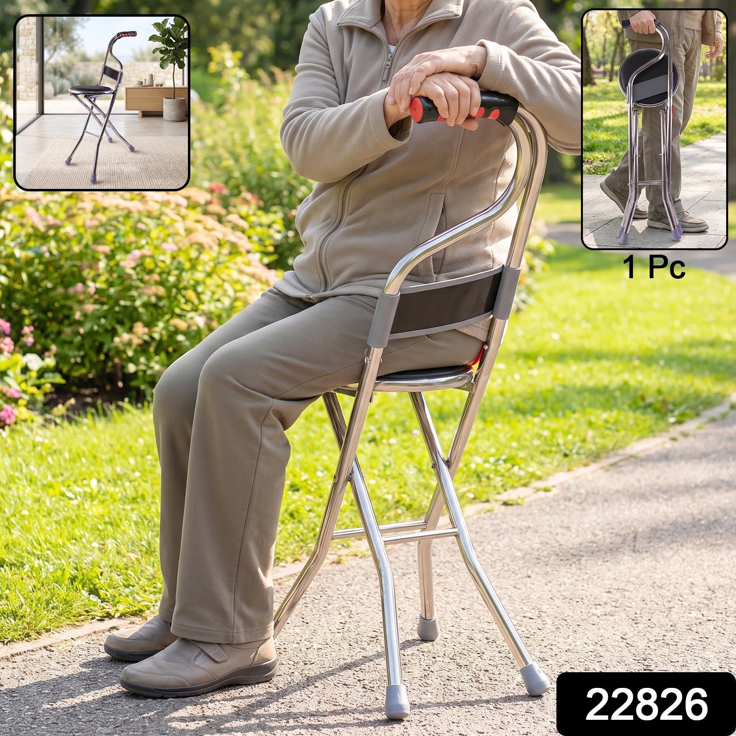 Folding Walking Stick with Seat and Backrest 4 Leg Cane Stool Chair (1 Pc) - Image 2