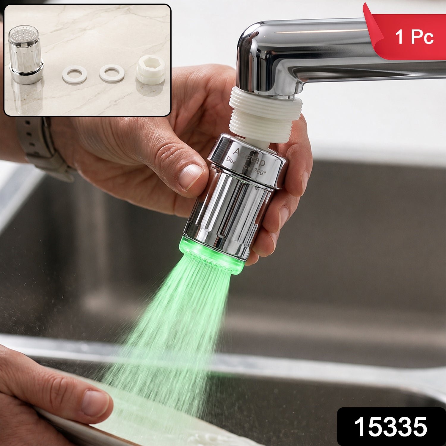 LED Light Dual Flow Faucet Tap Adapter with Splash Filter Aerator for Kitchen Sink (1 Pc) - Image 2