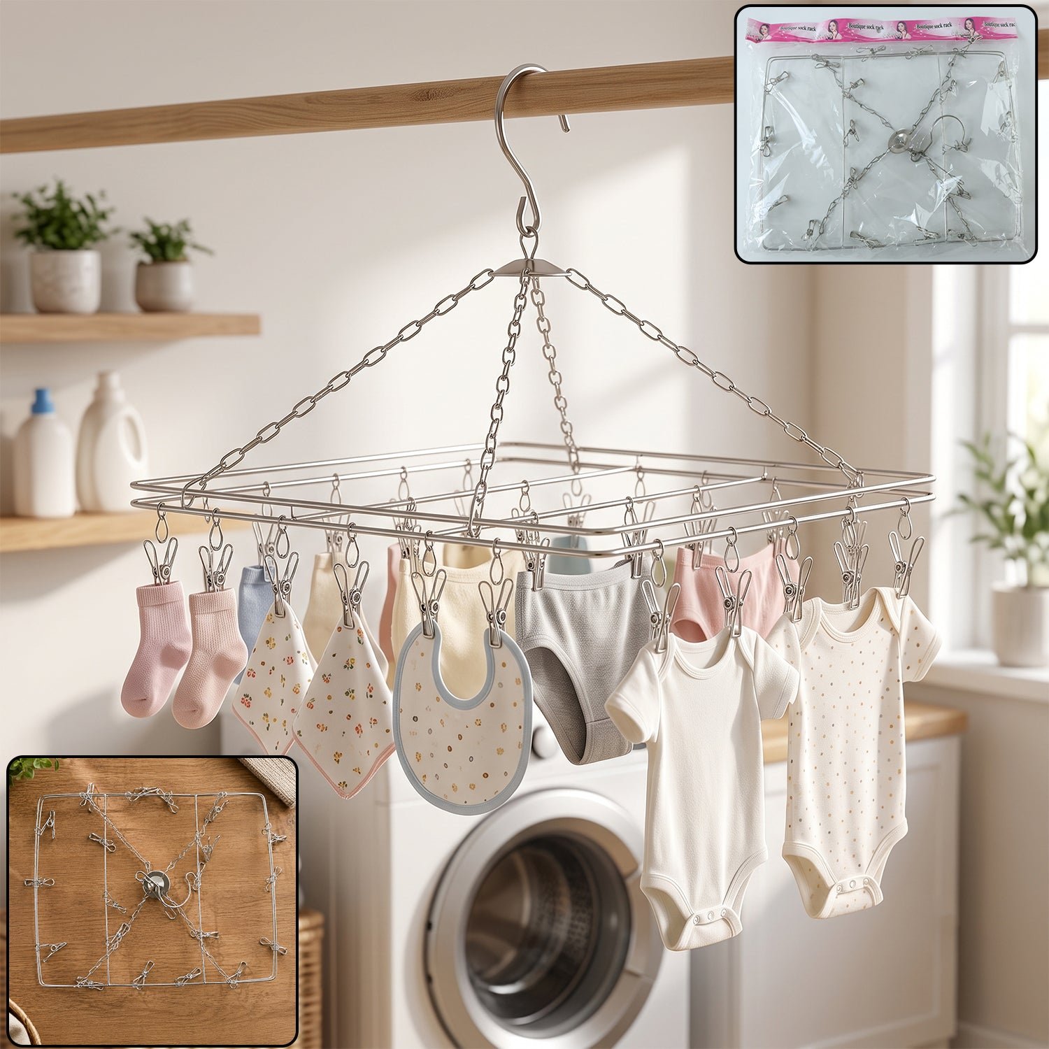 Stainless Steel Square Multi Clip Drying Hanger for Socks, Baby Clothes (1 Set)