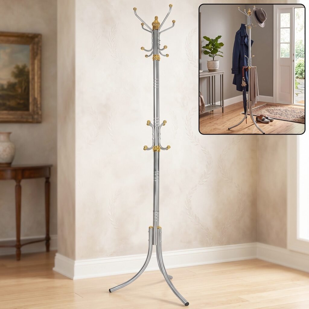 Metal Floor Standing Coat Rack Clothes Hanger Stand with Multi Hooks (1 Pc)