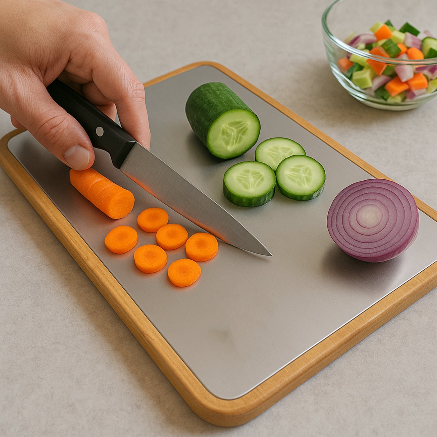 Steel Oak Cutting Board – Durable 35x25 cm with Wooden Handle - Image 3