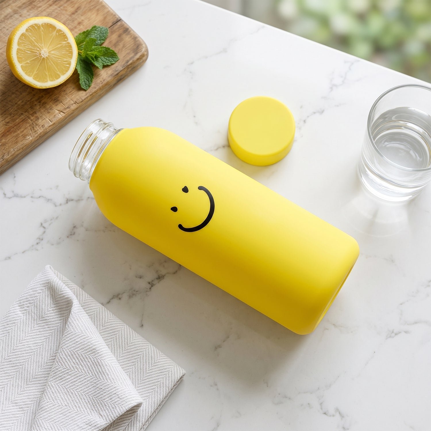 400 ML Smiley Face Glass Water Bottle with Silicone Sleeve for Office (1 Pc) - Image 7