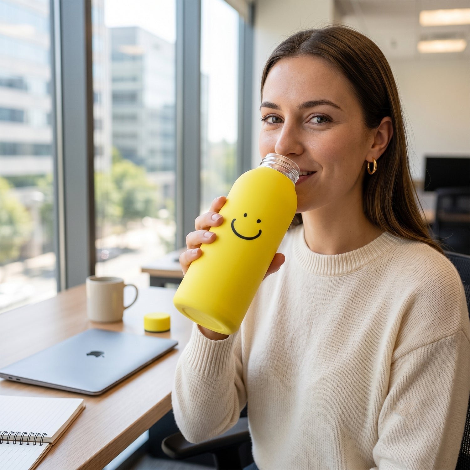 400 ML Smiley Face Glass Water Bottle with Silicone Sleeve for Office (1 Pc) - Image 8