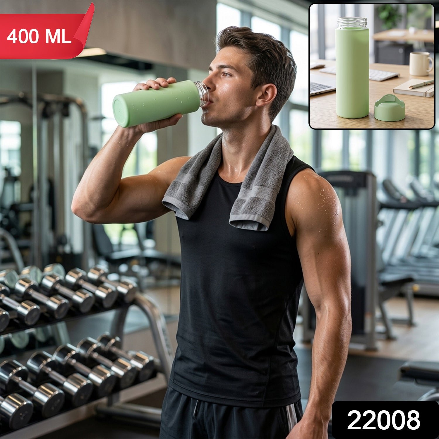 400 ML Glass Water Bottle with Silicone Sleeve for Gym Office (1 Pc) - Image 2