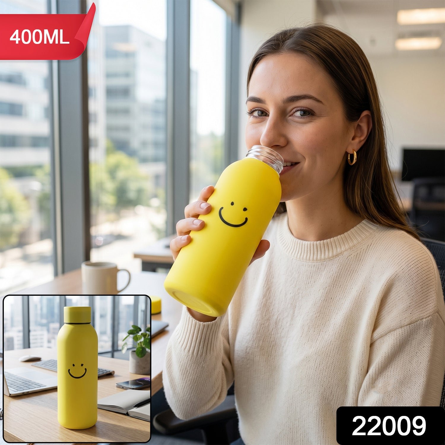 400 ML Smiley Face Glass Water Bottle with Silicone Sleeve for Office (1 Pc) - Image 2